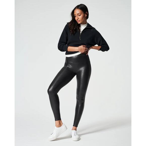 Spanx Faux Leather Pull On High Waisted Shiny Black Leggings Women's Small - Picture 1 of 10